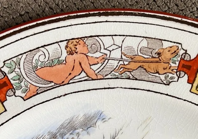 10.25” Brown Transferware Wedgwood Circa 1903 Enameled Clobbered Antique Transferware Turkey Plate
