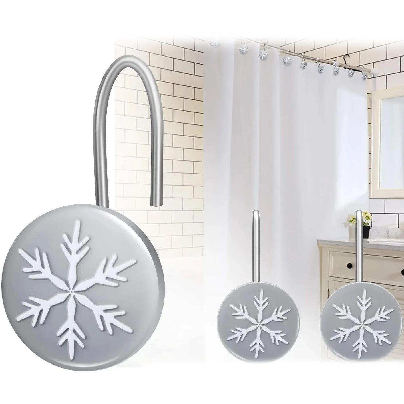 12-Pieces: Christmas Snowflake Anti-Rust Round Shower Curtain Hooks