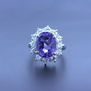 9.60 Ct No-Heat Color-Change Sapphire Diamond Halo Platinum Ring, GRS Certified
