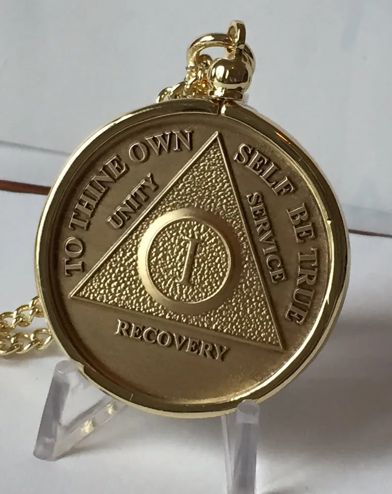 AA Medallion Holder Necklace Gold Plated Sobriety Coin Jewelry