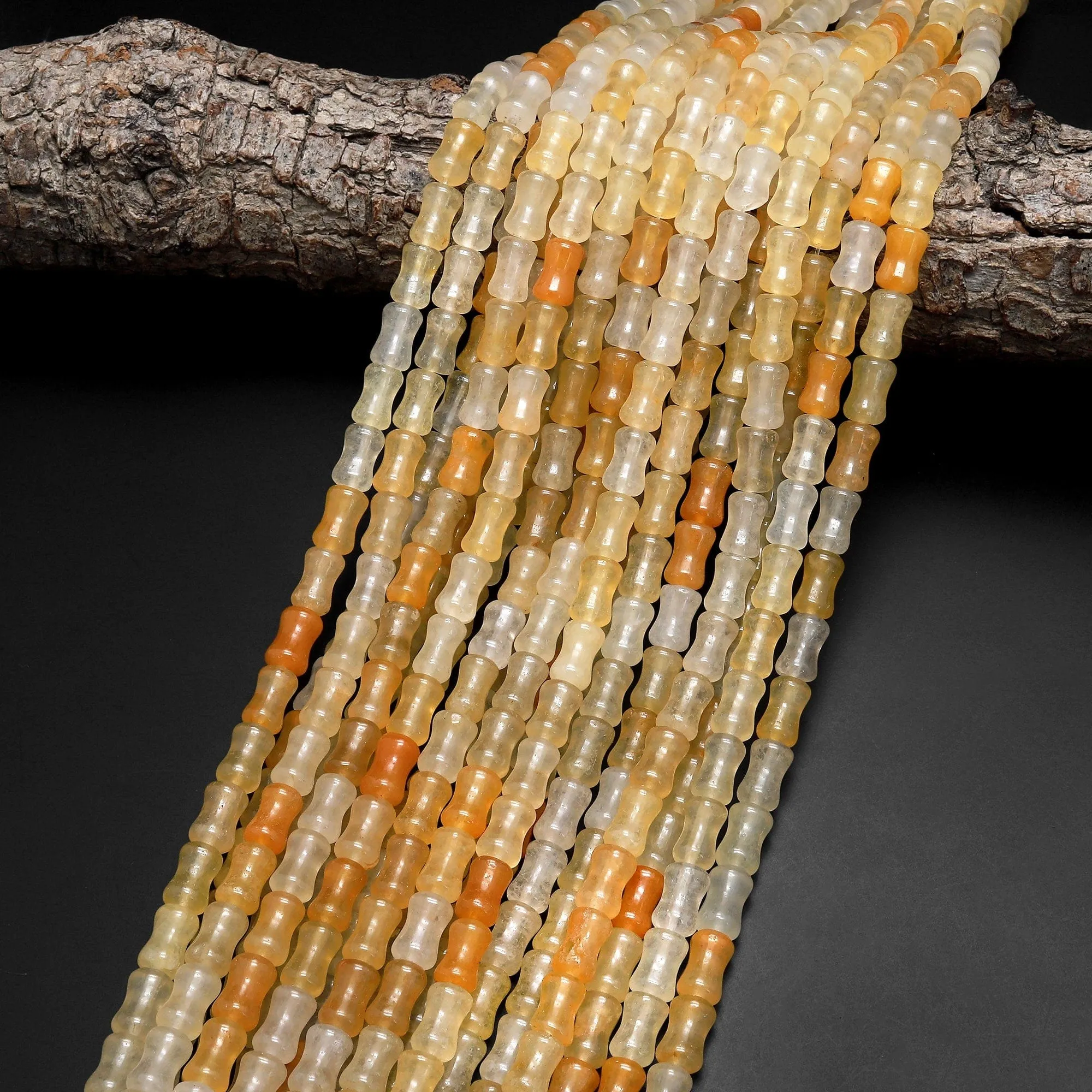 AAA Extra Translucent Natural Yellow Aventurine Tube Cylinder Beads Carved Bamboo Stem 15.5" Strand