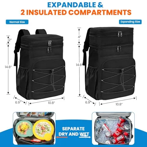 ADDIMOR Expandable Backpack Coolers Insulated Leak Proof - 36 Cans Double Deck Cooler Backpack Waterproof - Soft Lightweight Portable Cooler Bag for Beach Picnic Camping Men and Women (Black)