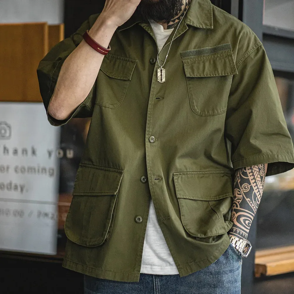 Aidase Men Summer Vintage Four Pocket Short Sleeve Shirts Cotton Green Loose Turn-down Collar Shirt Workwear Tops Male XL XXL