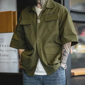 Aidase Men Summer Vintage Four Pocket Short Sleeve Shirts Cotton Green Loose Turn-down Collar Shirt Workwear Tops Male XL XXL