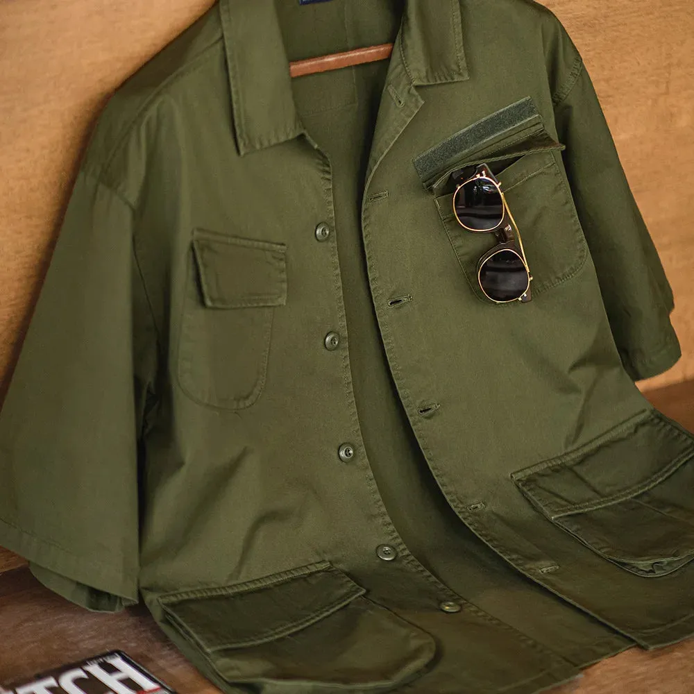 Aidase Men Summer Vintage Four Pocket Short Sleeve Shirts Cotton Green Loose Turn-down Collar Shirt Workwear Tops Male XL XXL