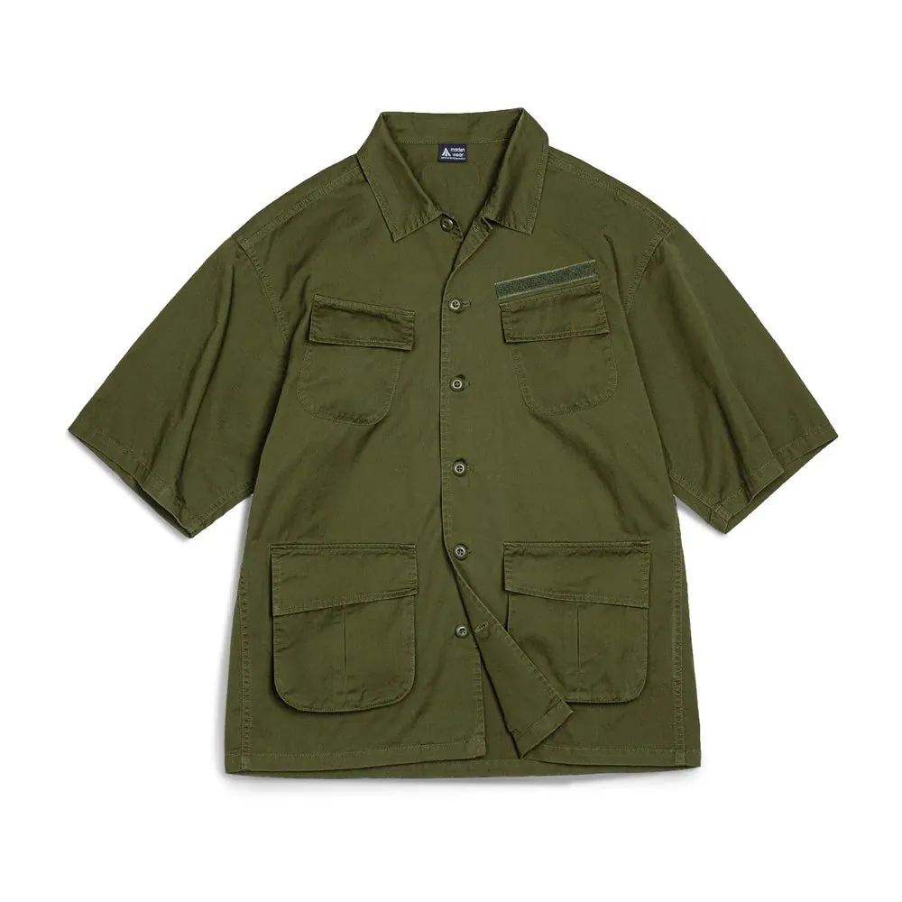 Aidase Men Summer Vintage Four Pocket Short Sleeve Shirts Cotton Green Loose Turn-down Collar Shirt Workwear Tops Male XL XXL