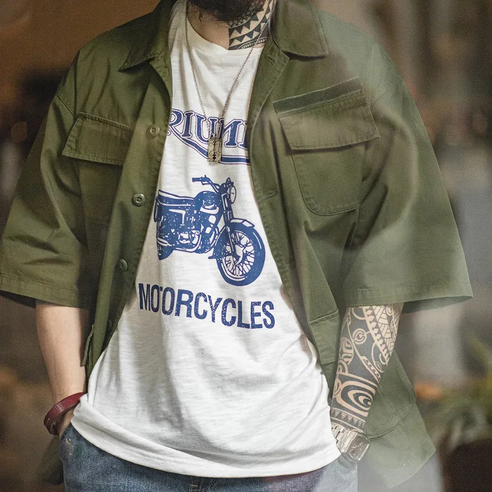 Aidase Men Summer Vintage Four Pocket Short Sleeve Shirts Cotton Green Loose Turn-down Collar Shirt Workwear Tops Male XL XXL