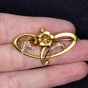 ANTIQUE ART NOUVEAU DIAMOND 14K GOLD PIN PENDANT ESTATE NECKLACE BROOCH FLOWER