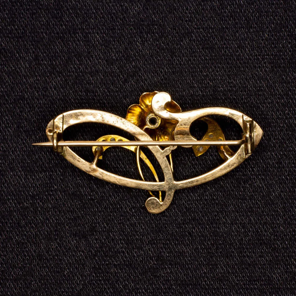 ANTIQUE ART NOUVEAU DIAMOND 14K GOLD PIN PENDANT ESTATE NECKLACE BROOCH FLOWER