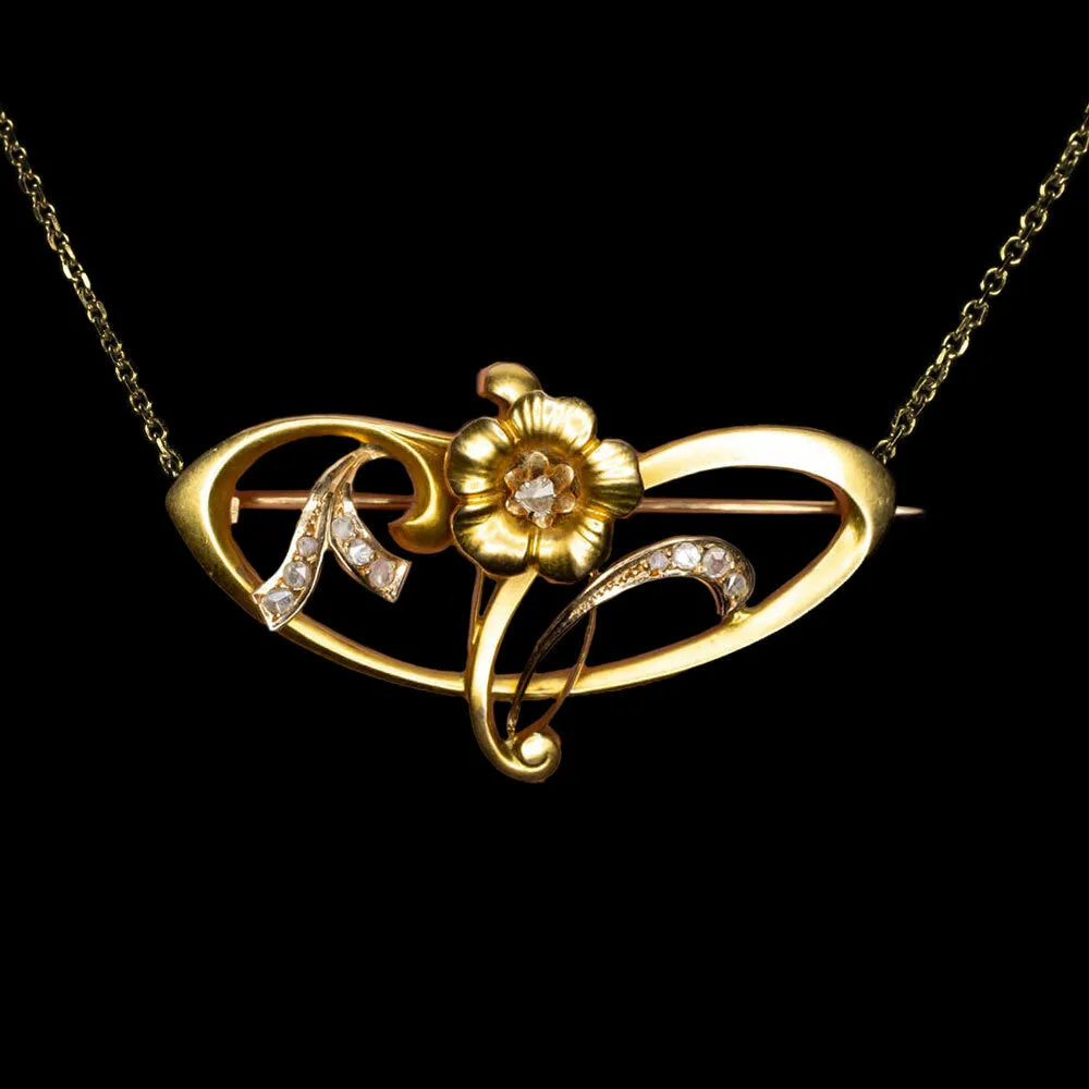 ANTIQUE ART NOUVEAU DIAMOND 14K GOLD PIN PENDANT ESTATE NECKLACE BROOCH FLOWER