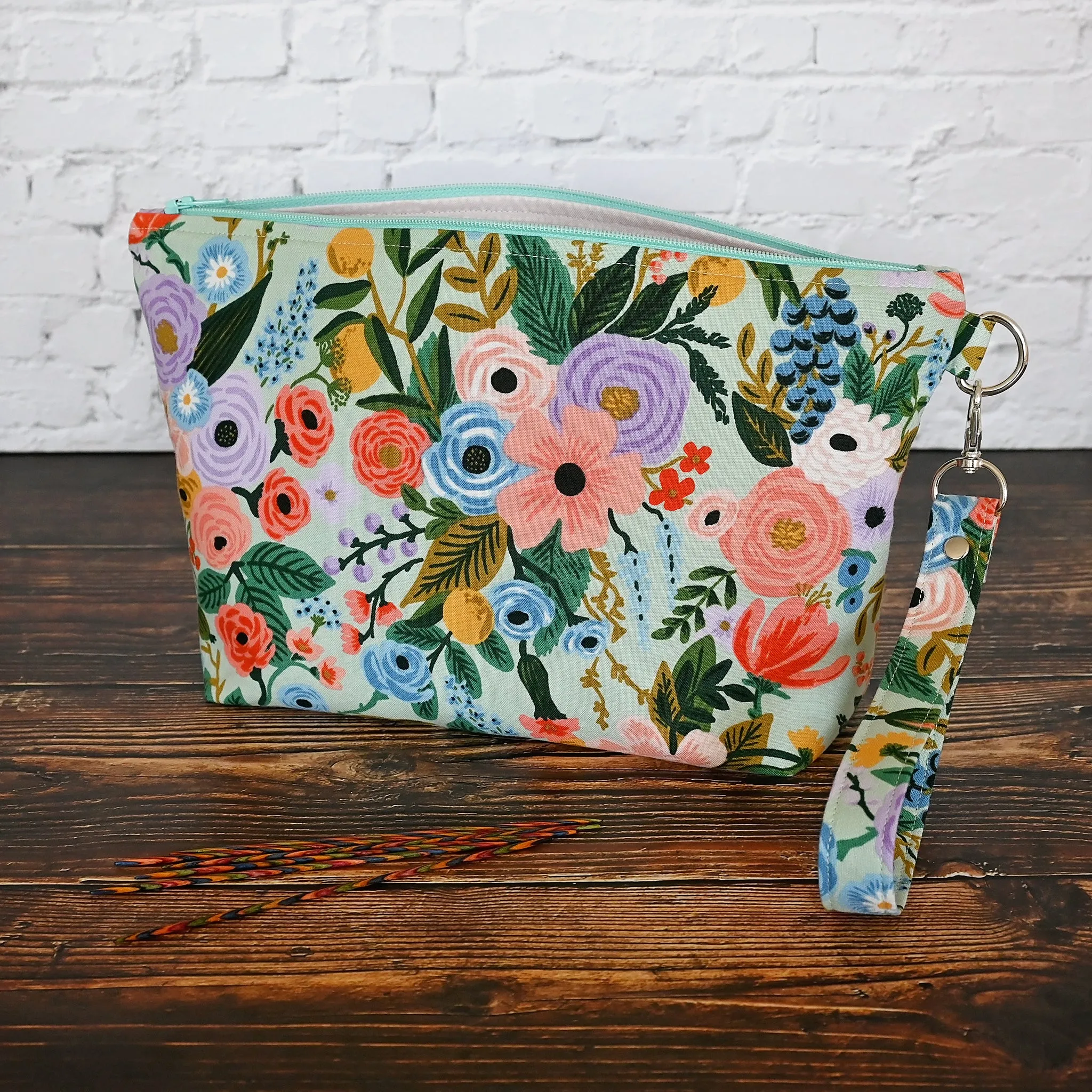Aqua Garden Party Sock Pouch with Removable Wrist Strap