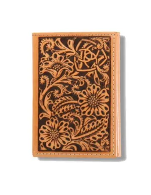 Ariat Mens Western Trifold Wallet Leather Embossed Logo Flowers Tan