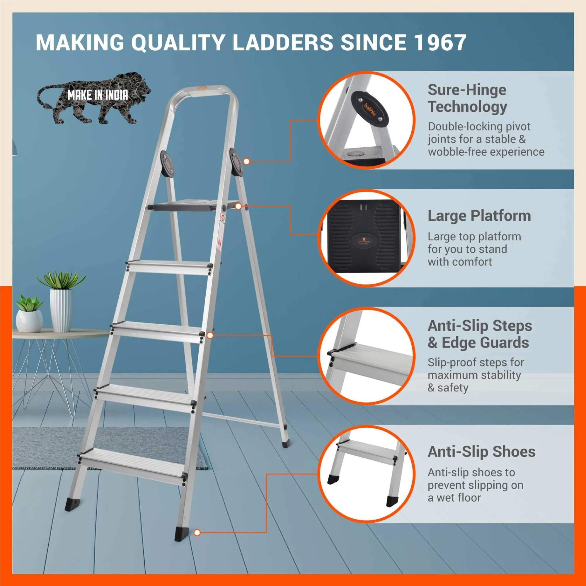 Bathla Advance Carbon - 5 Step Foldable Aluminium Ladder For Home (Black)