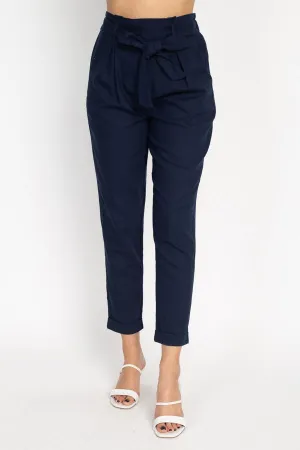 Belted Linen Paper Bag Pants