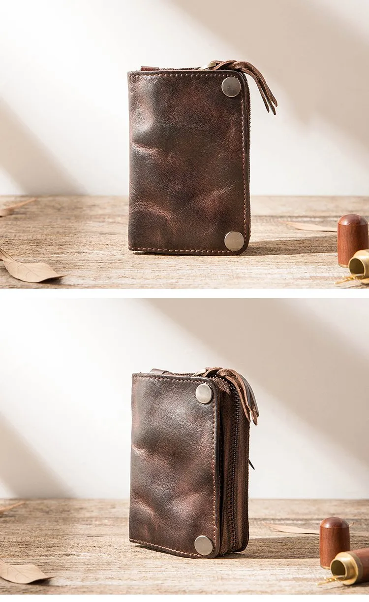Black Leather Mens Small Car Key Wallet Dark Brown Key Holder Coin Purse Card Holder For Men