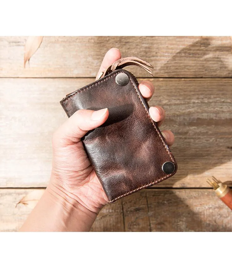 Black Leather Mens Small Car Key Wallet Dark Brown Key Holder Coin Purse Card Holder For Men
