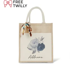 Blue Rose with Colourful Jute Bag with Front Pocket