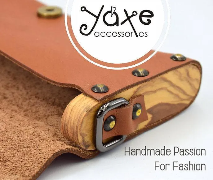 Blue small clutch women bag from leather and wood