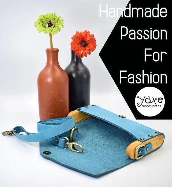 Blue small clutch women bag from leather and wood
