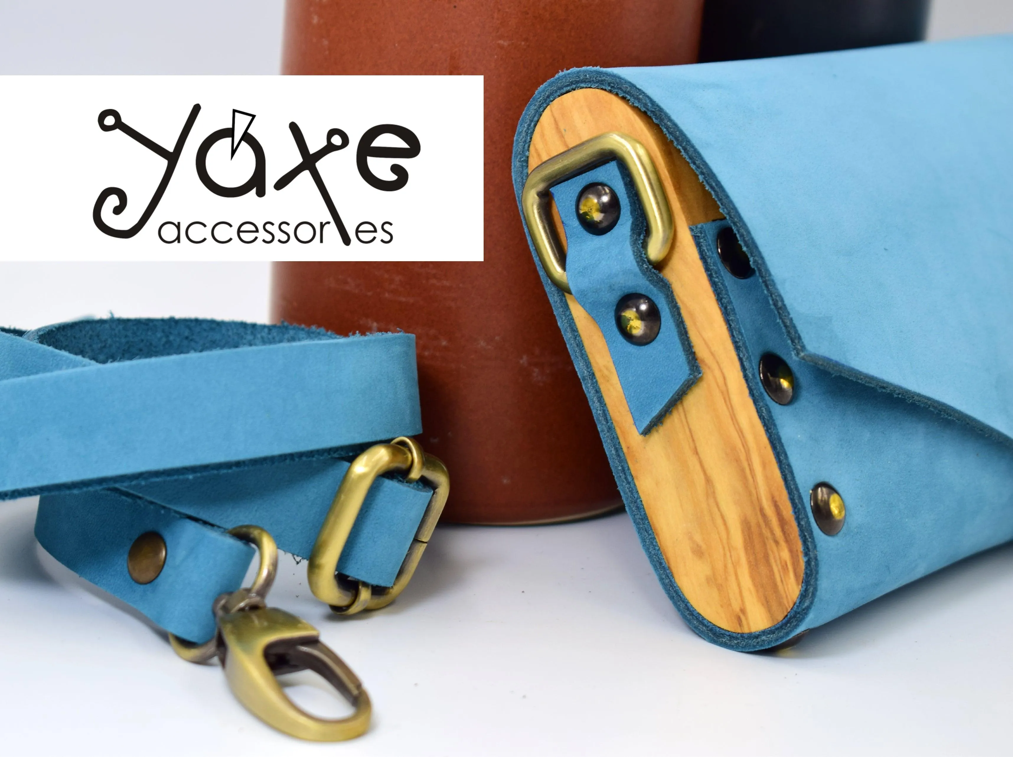 Blue small clutch women bag from leather and wood