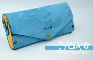 Blue small clutch women bag from leather and wood