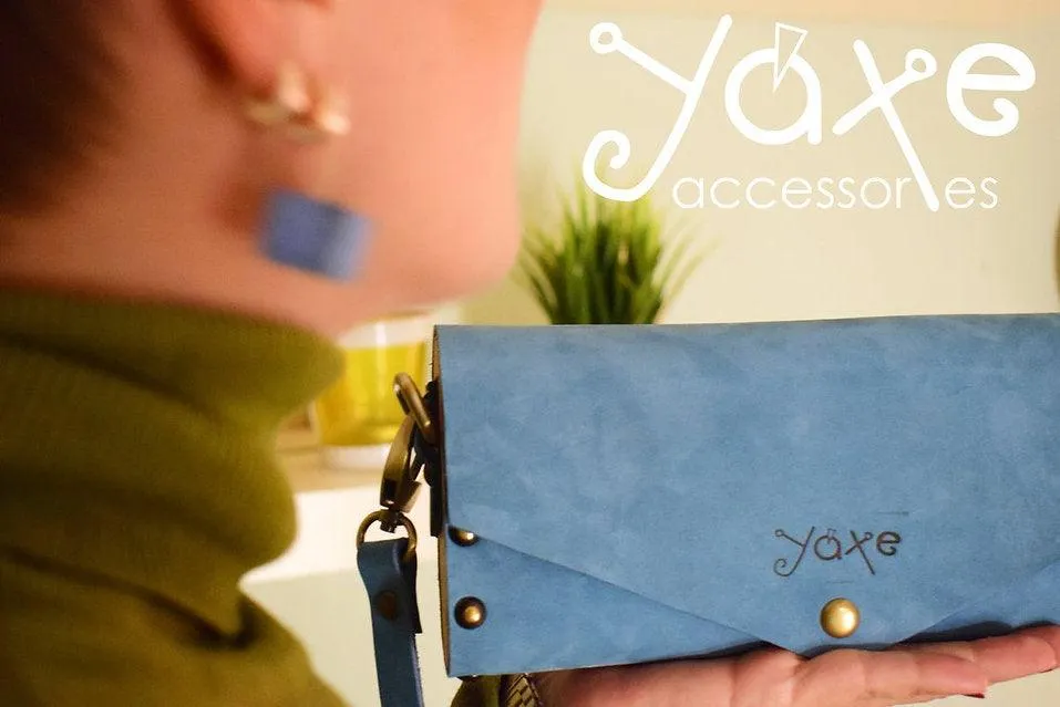 Blue small clutch women bag from leather and wood