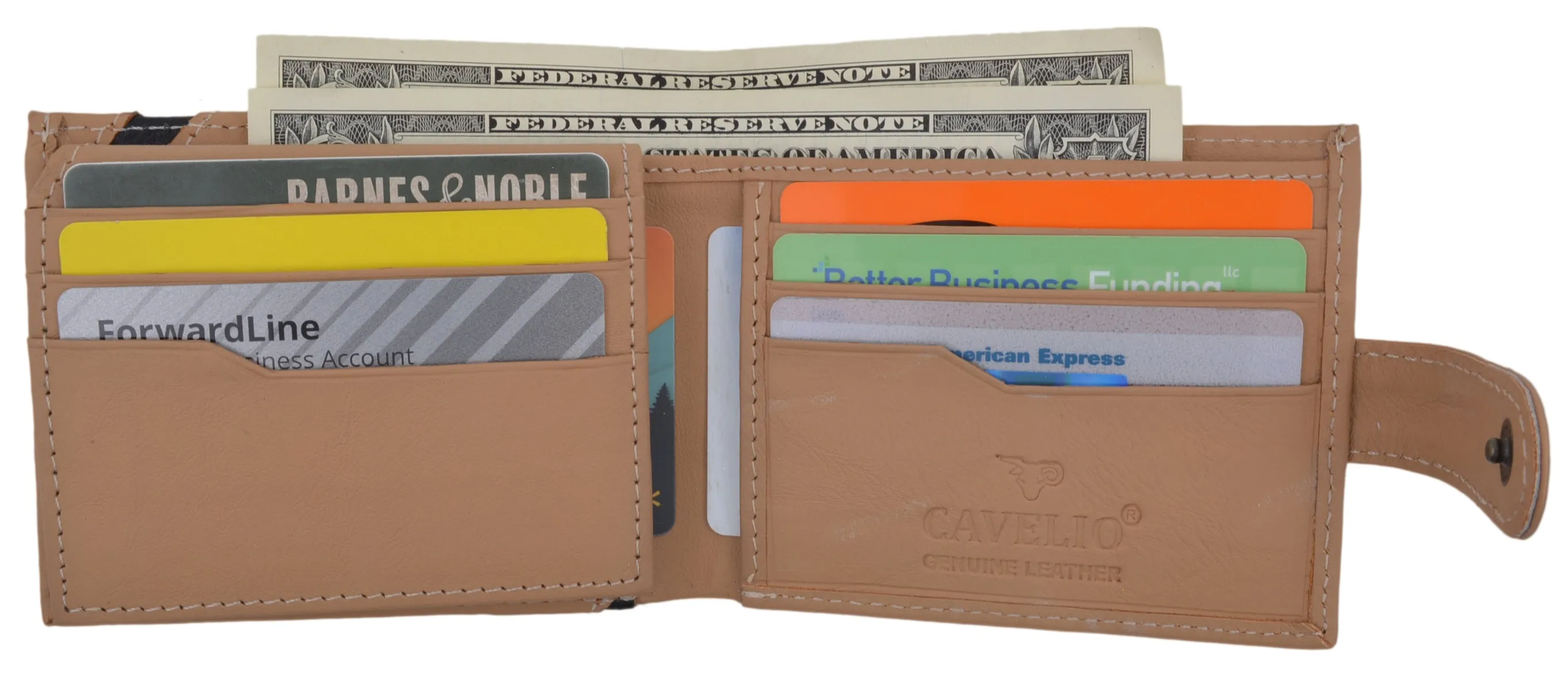 Cavelio Genuine Leather Bifold Card ID Holder Men's Tan Wallet W/ Snap Closure