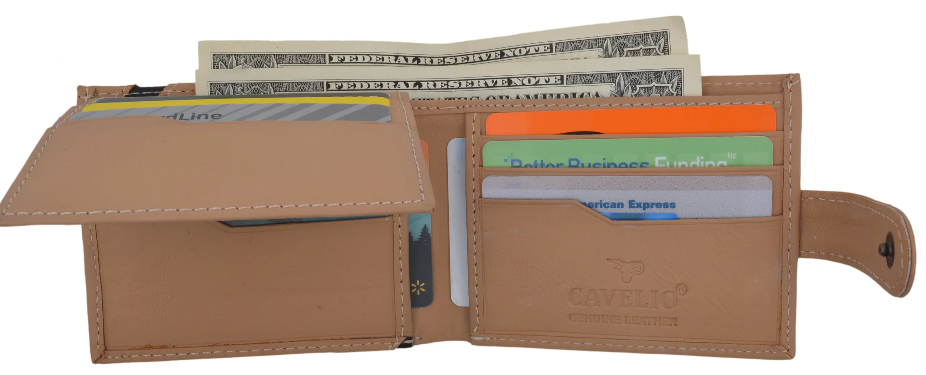 Cavelio Genuine Leather Bifold Card ID Holder Men's Tan Wallet W/ Snap Closure
