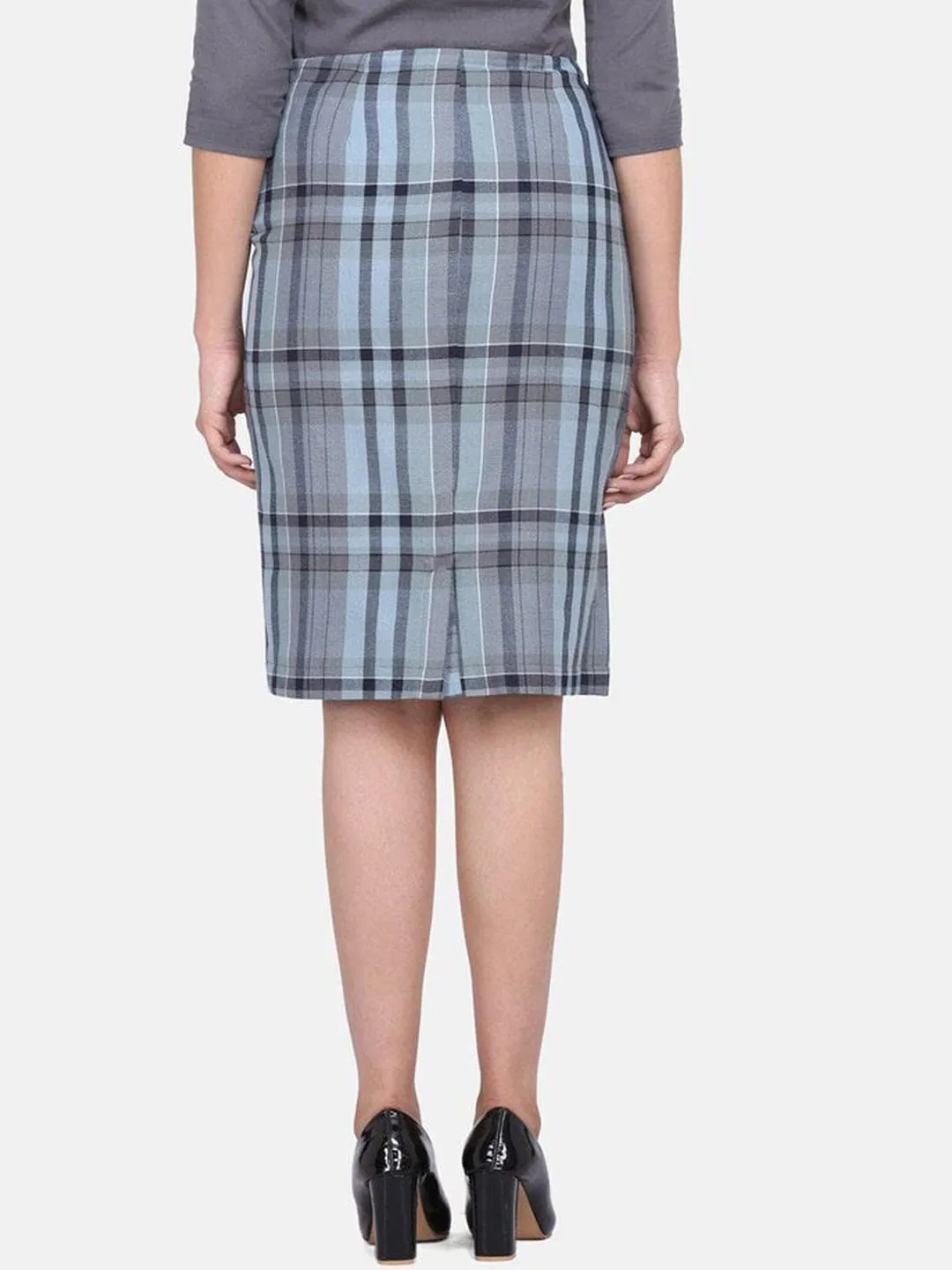 Checkered Straight Cotton Skirt - Grey