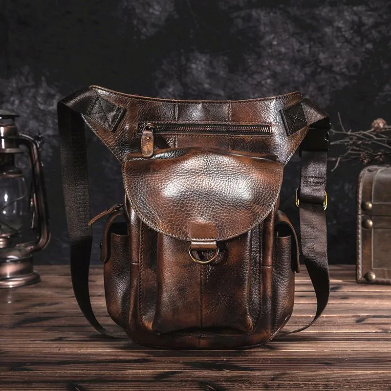Coffee Leather Men Belt Pouch Vintage Drop Leg Bag Biker Purse Side Belt Bag for Men
