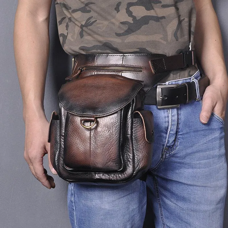 Coffee Leather Men Belt Pouch Vintage Drop Leg Bag Biker Purse Side Belt Bag for Men