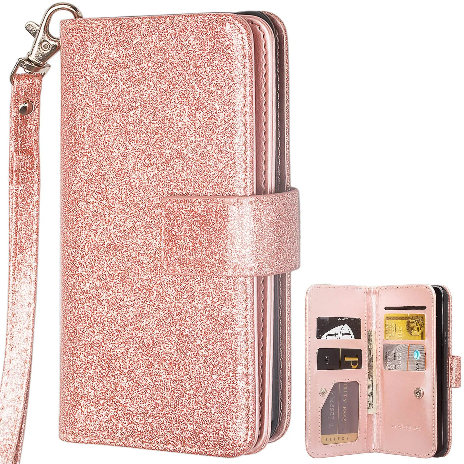 Coolpad Illumina Case,Legacy Go Case,  [Wrist Strap] Glitter Faux Leather Flip Credit Card Holder [Kickstand Feature] Protective Wallet Case Clutch Case -Rose Gold