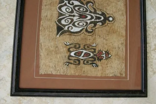 CUSTOM FRAMED Rare Tapa Kapa Bark Cloth (Called Kapa in Hawaii), from Lake Sentani, Irian Jaya, Papua New Guinea. Hand painted with natural pigments by a Tribal Artist: Abstract Geometric Stylized Insect Motifs  28" x 22" (DFBA4)