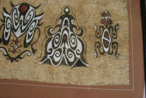 CUSTOM FRAMED Rare Tapa Kapa Bark Cloth (Called Kapa in Hawaii), from Lake Sentani, Irian Jaya, Papua New Guinea. Hand painted with natural pigments by a Tribal Artist: Abstract Geometric Stylized Insect Motifs  28" x 22" (DFBA4)
