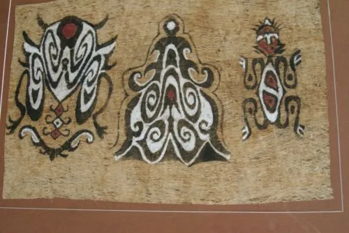 CUSTOM FRAMED Rare Tapa Kapa Bark Cloth (Called Kapa in Hawaii), from Lake Sentani, Irian Jaya, Papua New Guinea. Hand painted with natural pigments by a Tribal Artist: Abstract Geometric Stylized Insect Motifs  28" x 22" (DFBA4)