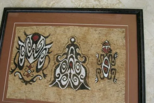 CUSTOM FRAMED Rare Tapa Kapa Bark Cloth (Called Kapa in Hawaii), from Lake Sentani, Irian Jaya, Papua New Guinea. Hand painted with natural pigments by a Tribal Artist: Abstract Geometric Stylized Insect Motifs  28" x 22" (DFBA4)