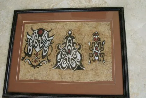 CUSTOM FRAMED Rare Tapa Kapa Bark Cloth (Called Kapa in Hawaii), from Lake Sentani, Irian Jaya, Papua New Guinea. Hand painted with natural pigments by a Tribal Artist: Abstract Geometric Stylized Insect Motifs  28" x 22" (DFBA4)