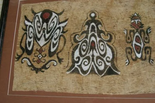 CUSTOM FRAMED Rare Tapa Kapa Bark Cloth (Called Kapa in Hawaii), from Lake Sentani, Irian Jaya, Papua New Guinea. Hand painted with natural pigments by a Tribal Artist: Abstract Geometric Stylized Insect Motifs  28" x 22" (DFBA4)