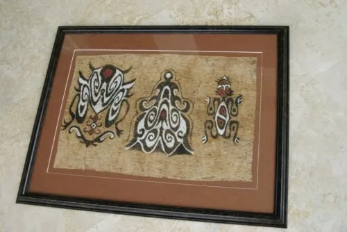 CUSTOM FRAMED Rare Tapa Kapa Bark Cloth (Called Kapa in Hawaii), from Lake Sentani, Irian Jaya, Papua New Guinea. Hand painted with natural pigments by a Tribal Artist: Abstract Geometric Stylized Insect Motifs  28" x 22" (DFBA4)