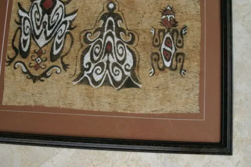 CUSTOM FRAMED Rare Tapa Kapa Bark Cloth (Called Kapa in Hawaii), from Lake Sentani, Irian Jaya, Papua New Guinea. Hand painted with natural pigments by a Tribal Artist: Abstract Geometric Stylized Insect Motifs  28" x 22" (DFBA4)