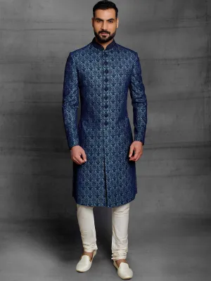 Deep Blue Sherwani With Exquisite Threadwork