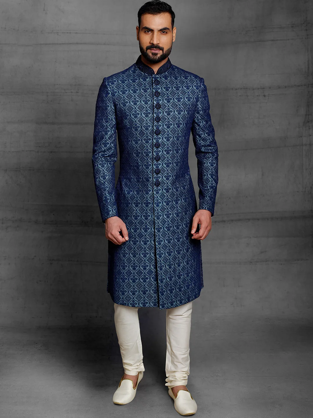 Deep Blue Sherwani With Exquisite Threadwork