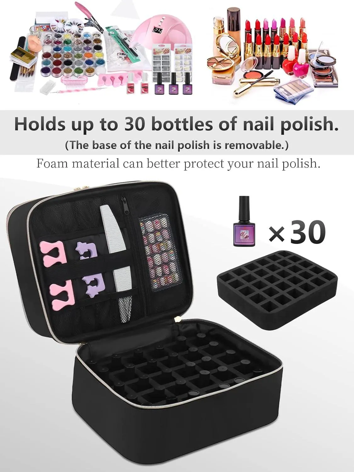 Double Decker Nail Polish Carry Bag & Manicure Accessories | Black (holds up to 30 bottles)