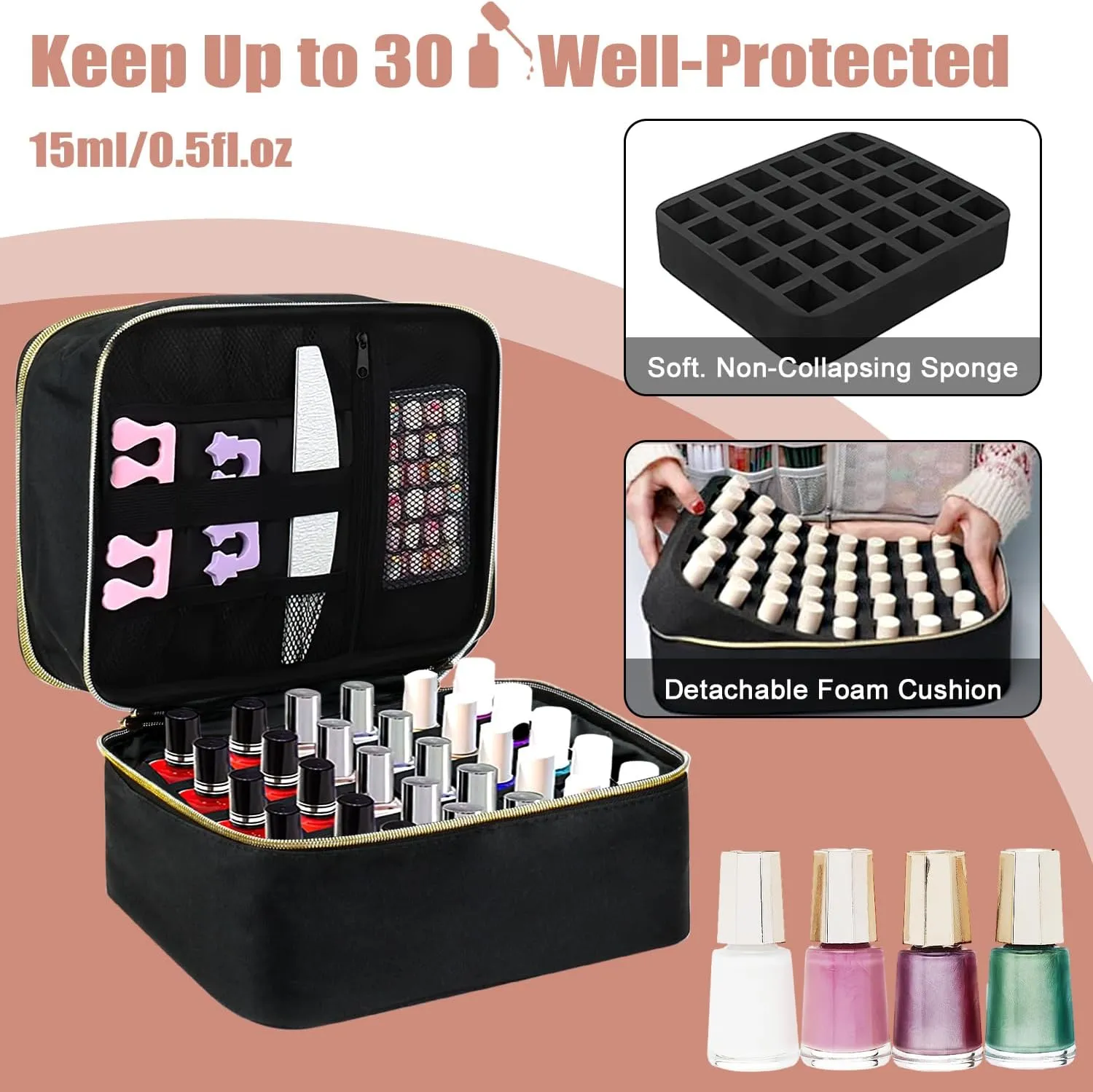 Double Decker Nail Polish Carry Bag & Manicure Accessories | Black (holds up to 30 bottles)
