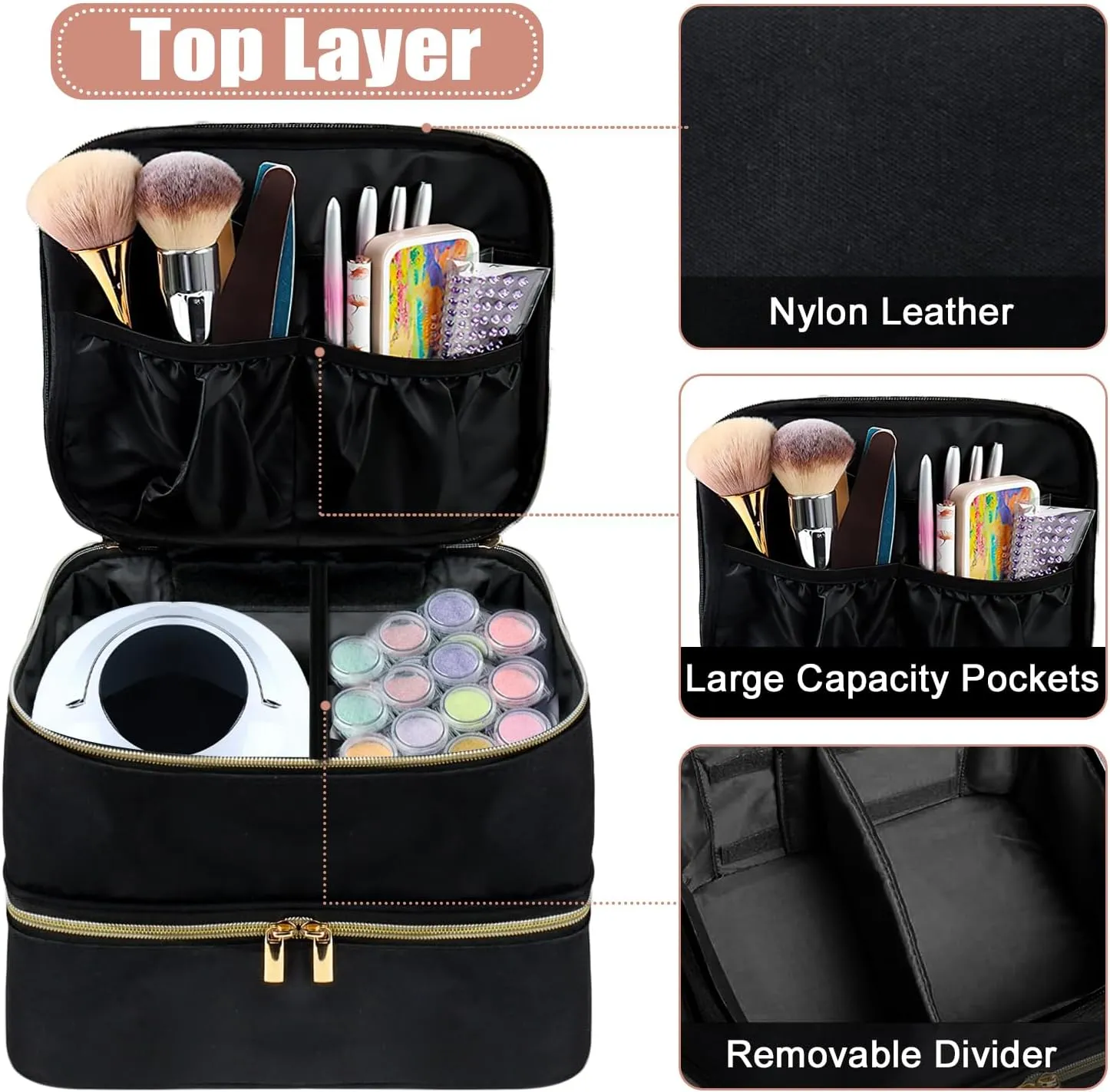 Double Decker Nail Polish Carry Bag & Manicure Accessories | Black (holds up to 30 bottles)