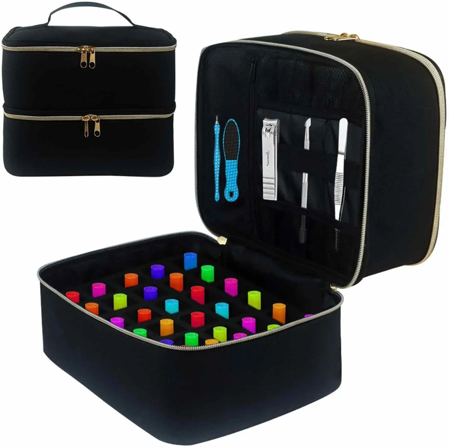 Double Decker Nail Polish Carry Bag & Manicure Accessories | Black (holds up to 30 bottles)