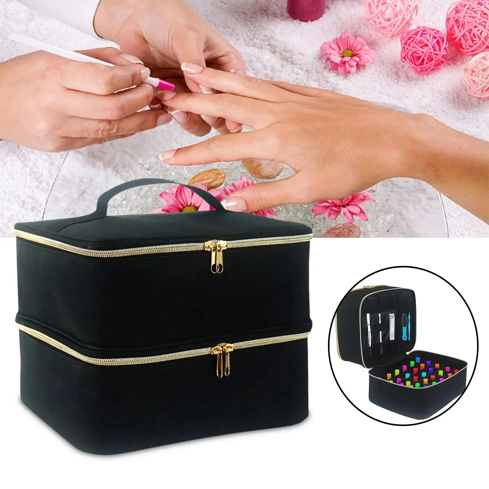 Double Decker Nail Polish Carry Bag & Manicure Accessories | Black (holds up to 30 bottles)