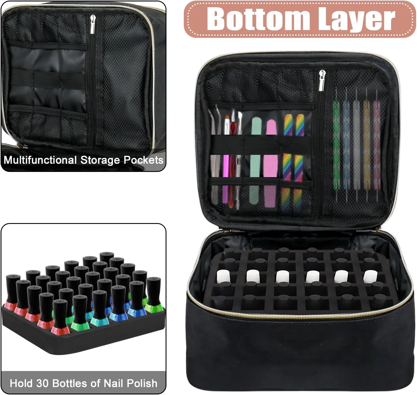 Double Decker Nail Polish Carry Bag & Manicure Accessories | Black (holds up to 30 bottles)
