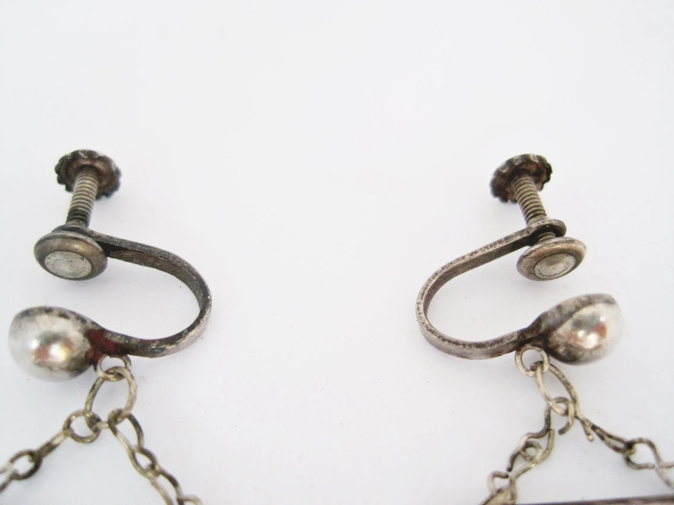 Early Mexican Silver and Enamel Screw Back Earrings