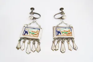 Early Mexican Silver and Enamel Screw Back Earrings